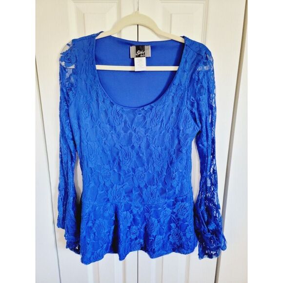 Slinky Brand L Lace Overlay‎ Top Royal Blue Handkerchief Wrists LS Lined Scoop - Picture 1 of 6